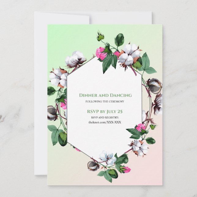 Cotton Bolls florrosa Grüne Hochzeitseinladung Einladung (Rückseite)