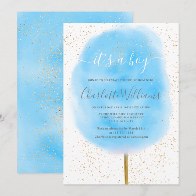Cotton candy Glitzer Blau Aquarell Babydusche Einladung (Vorne/Hinten)