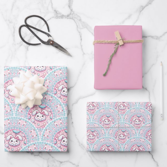 Cotton Candy Kawaii Bunny Mandala Art Deco Scallop Geschenkpapier Set (Vorderseite)