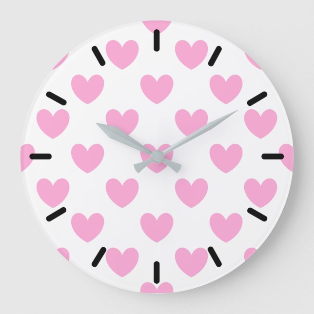 Cotton Candy Pink polka hearts on white Große Wanduhr (Vorderseite)