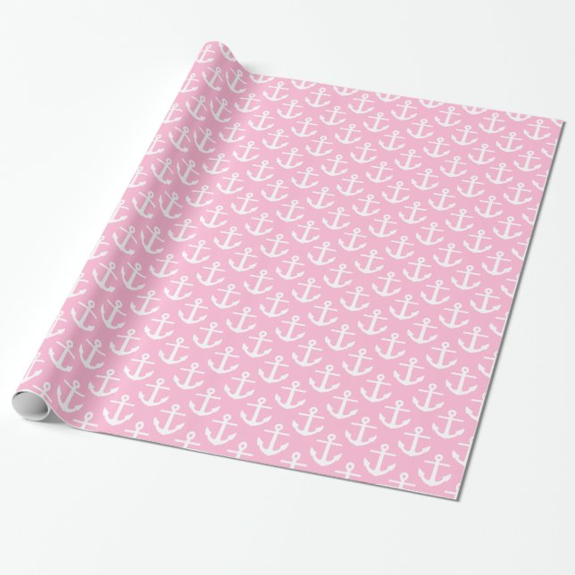 Cotton Candy Pink White Nautic Anchors Muster Geschenkpapier (Ungerollt)