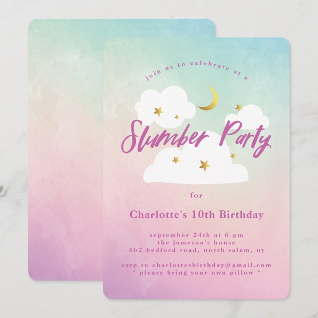 Cotton Candy Sky Slumber Party Einladung (Vorne/Hinten)