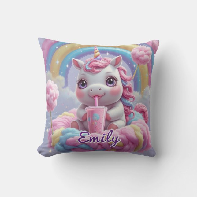 Cotton Candy Unicorn Coussin - Nom modifiable (Recto)