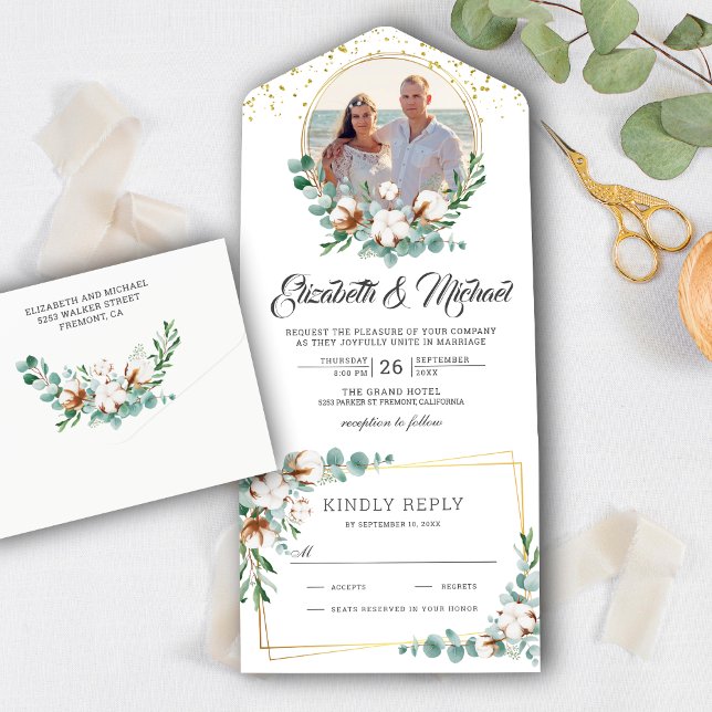 Cotton Eukalyptus Blätter Gold Frame Foto Hochzeit All In One Einladung (Von Creator hochgeladen)