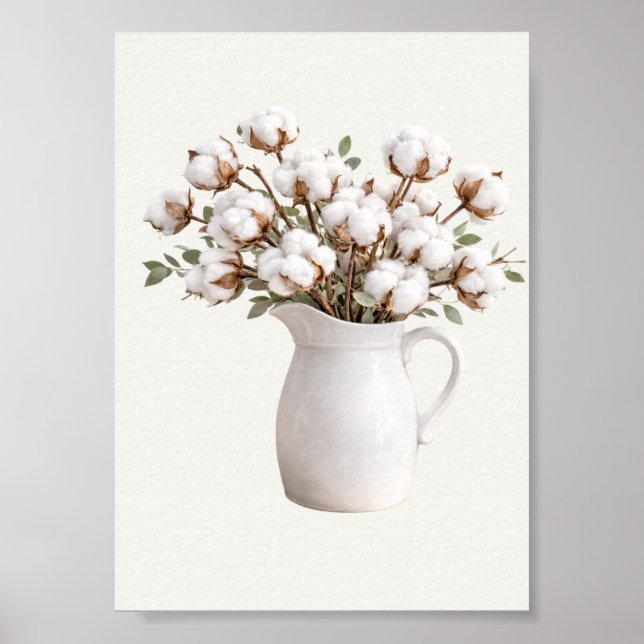 Cotton Flowers in White Pitcher Neutral Farmhous Poster (Vorne)