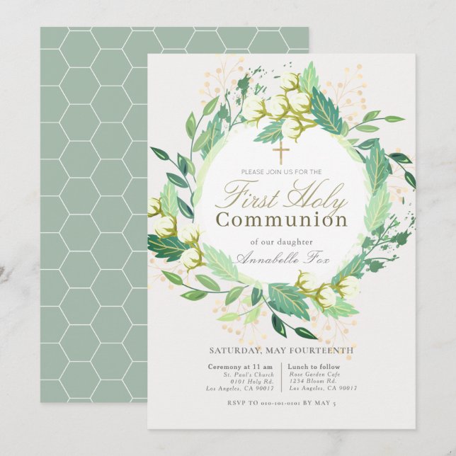 Cotton Garden Wreath Green First Heilige Kommune Einladung (Vorne/Hinten)