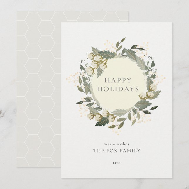 Cotton Garden Wreath Winter White Holiday Card Einladung (Vorne/Hinten)