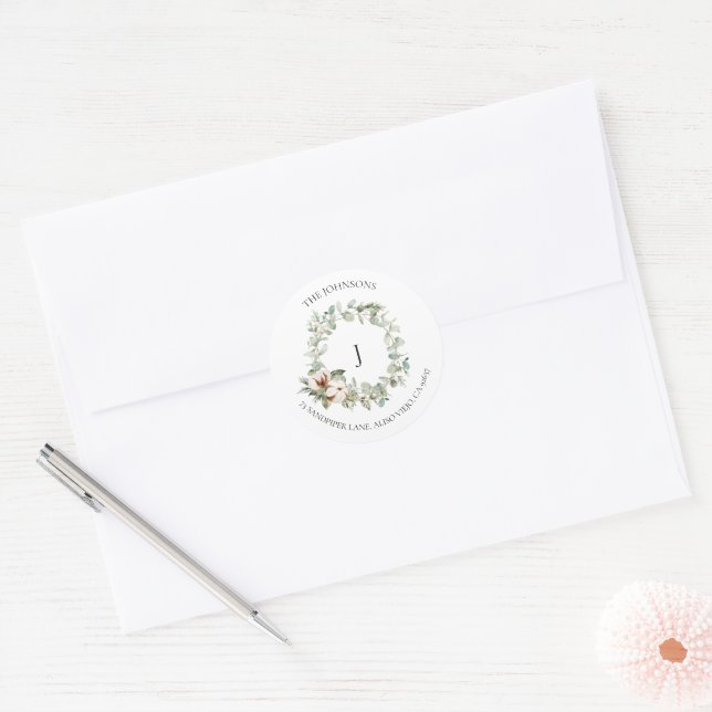 Cotton Winter Greenerity Wreath Monogram Classic R Runder Aufkleber (Umschlag)