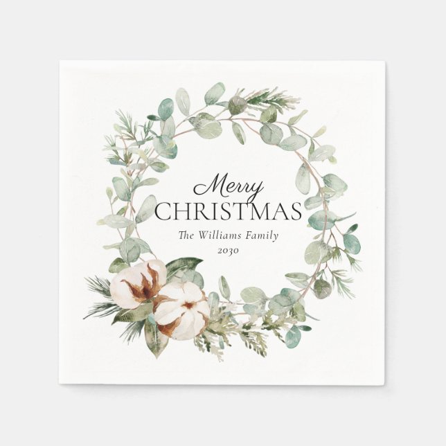 Cotton Winter Greenery Wreath Frohe Weihnachten Serviette (Vorderseite)