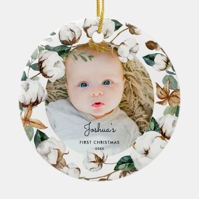 Cotton Wreath Baby 1. Weihnachtsgeschenk Foto Orna Keramik Ornament (Vorne)