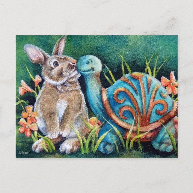 Cottontail Kaninchen & Schildkrötenstatue Kunst, D Postkarte (Vorderseite)