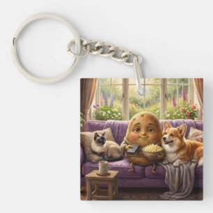 Couch-Potato-Corgi und Katze Schlüsselanhänger