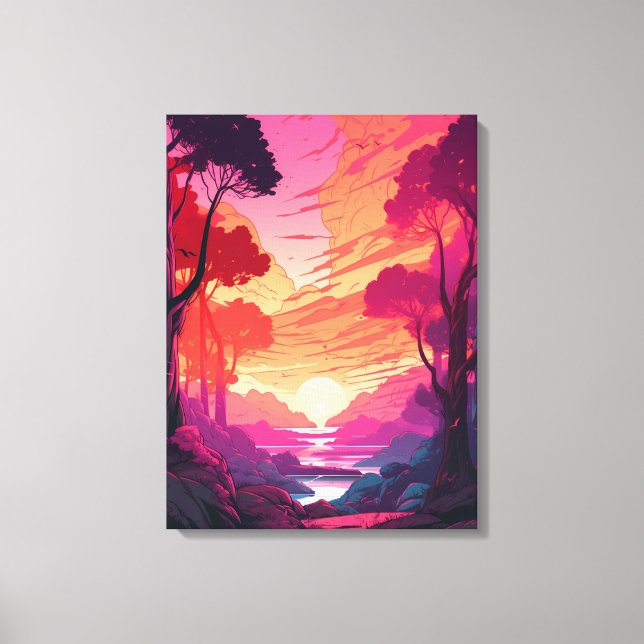 Coucher de soleil rose serein : toile étirée (Recto)