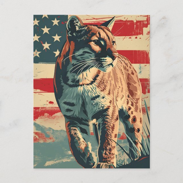Cougar Mountain Lion American Flag Vintag Postkarte (Vorderseite)