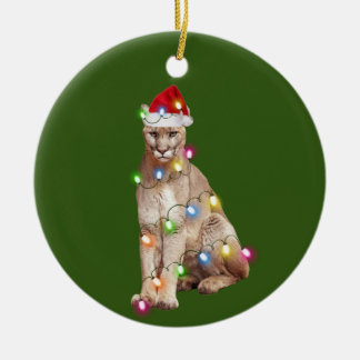 cougar With Hat Lights Christmas Keramik Ornament