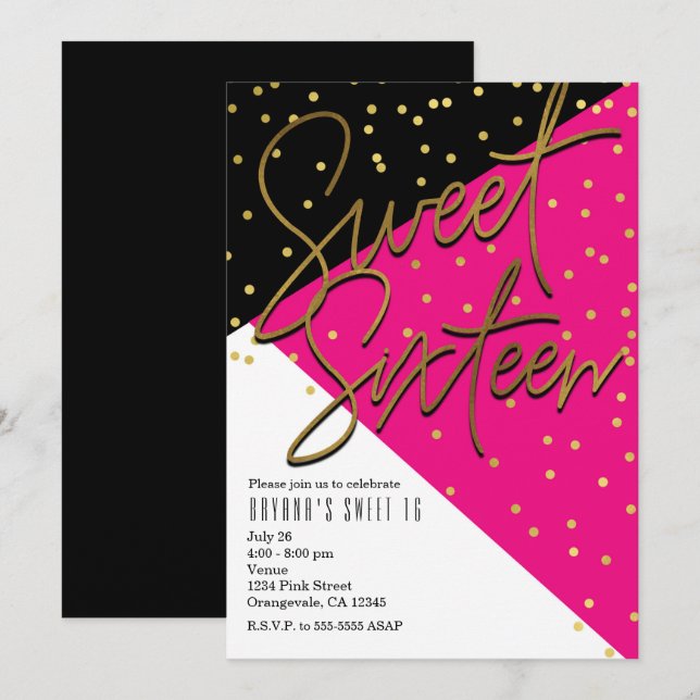 Couleur Bloc rose Black Gold Sweet 16 Invitations (Devant / Derrière)