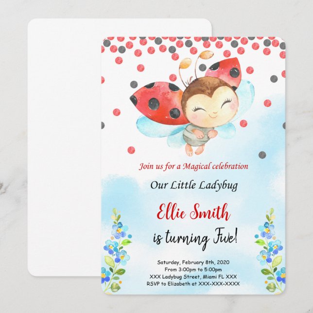 Couleur de l'eau Ladybug Invitation d'anniversaire (Devant / Derrière)