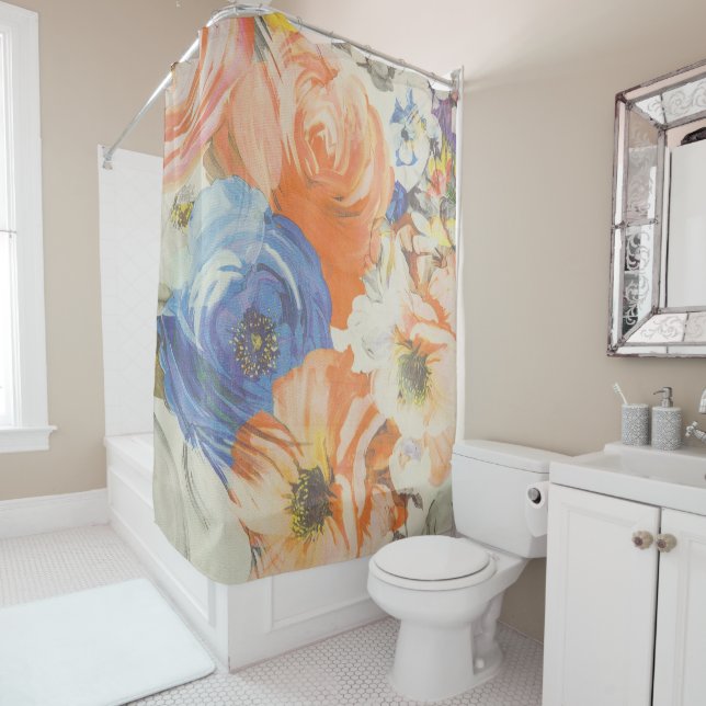 Couleur Floral Bleu Orange Beige Douche Rideau (En situation)
