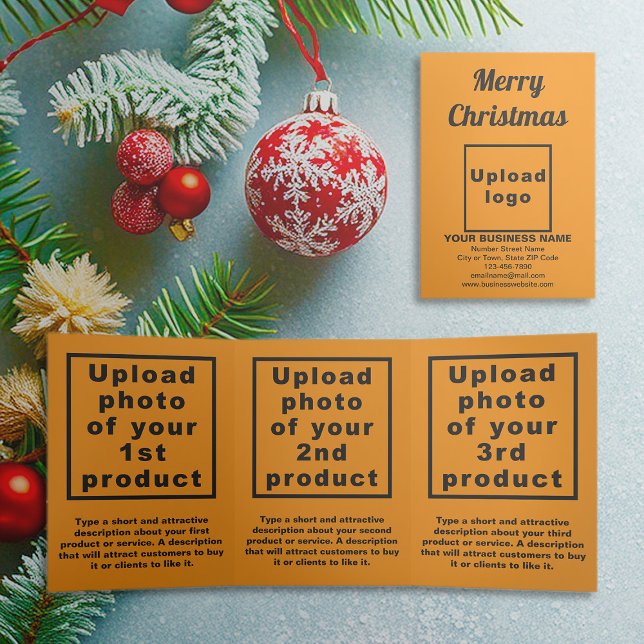 Couleur orange | Noël | Carte triple entreprise (Orange color trifold card for Christmas with your business brand and products or services)
