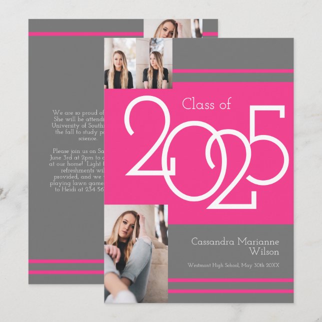 Couleurs de l'école rose Grey Faire-part de diplôm (Devant / Derrière)