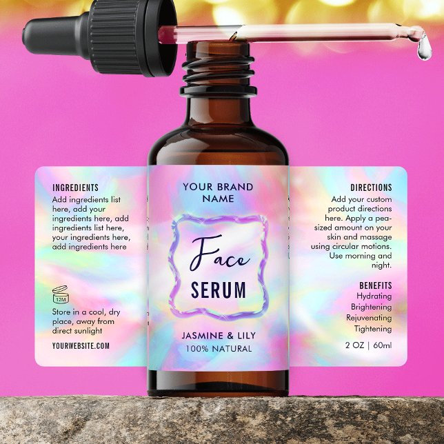 Couleurs de néon Holographie 2 OZ Étiquette de bou (Trendy holographic effect 2 oz dropper bottle wrapper labels with fully editable text)