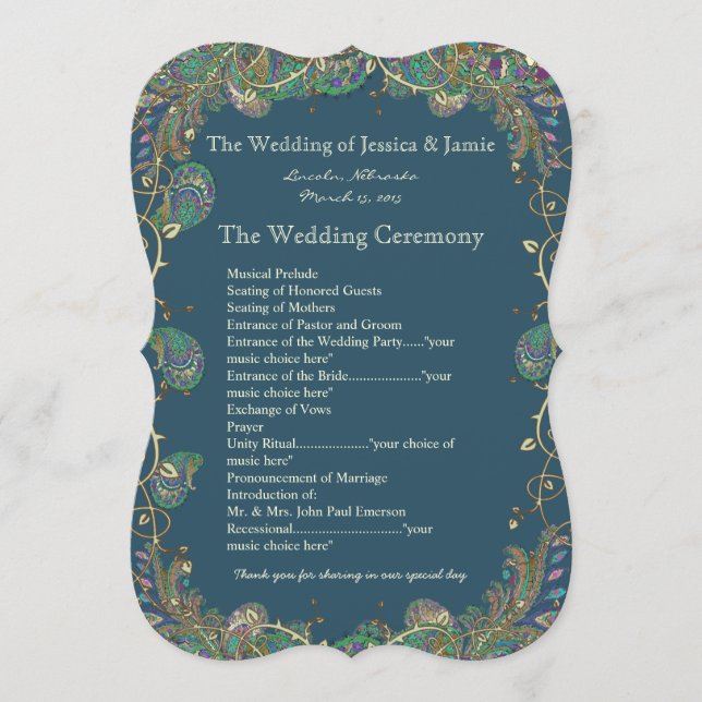 Couleurs de Paon de Paisley Programme de Mariage (Devant)