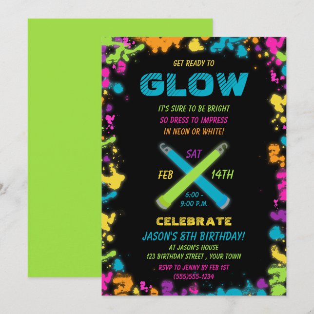 Couleurs Neon de fête de lueur Invitation d'annive (Devant / Derrière)