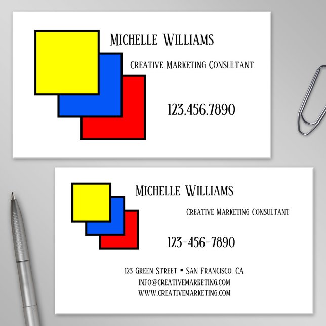 Couleurs primaires Carte de visite marketing créat (Business card featuring a Mondrian inspired design in primary colors)