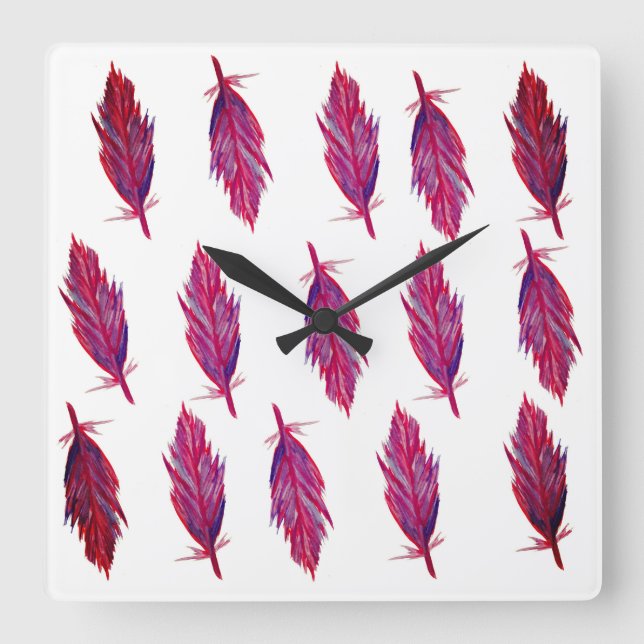 Couleurs vives Plumes Carré Horloge murale (Recto)