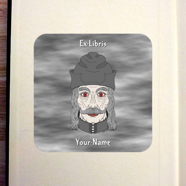 Count Dracula 2026 Exlibris Quadratischer Aufkleber (Count Dracula 2026 Bookplate in Old Book)