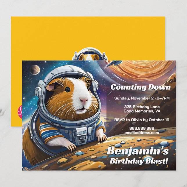 Countdown zur Guinea Schweine im Weltraum Geburtst Einladung (Vorne/Hinten)