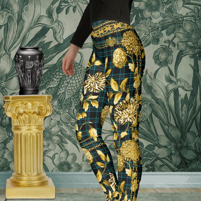 Countess Black Aquamarin Green Kariert Gold Floral Leggings (Von Creator hochgeladen)