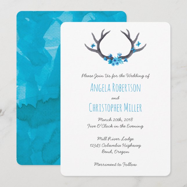 Country Antlers Blue Wedding Einladung (Vorne/Hinten)