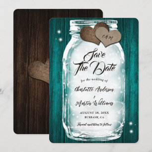 Country Aquamarin Wood Hearts Lights Mason Jar Wed Save The Date