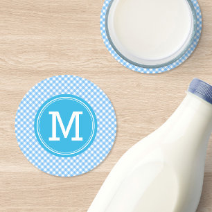 Country Baby Blue Gingham Personalize Monogram Runder Pappuntersetzer