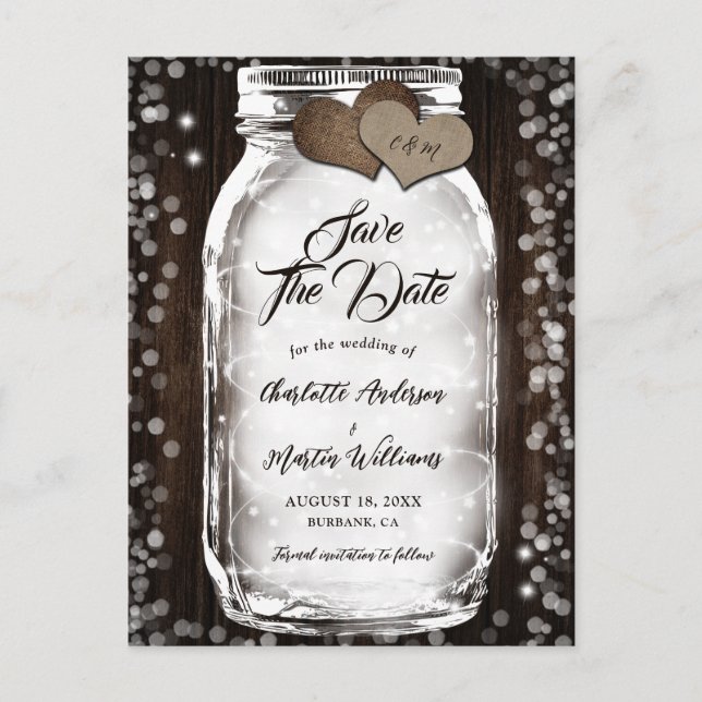 Country Barn Holz String Lights Mason Jar Wedding Ankündigungspostkarte (Vorderseite)