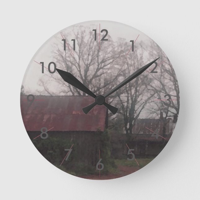 Country Barn Rustic Winter Scene Autumn Americana Runde Wanduhr (Vorderseite)