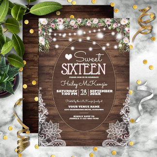 Country Barn Wood Floral & Lace Sweet 16 Party Einladung