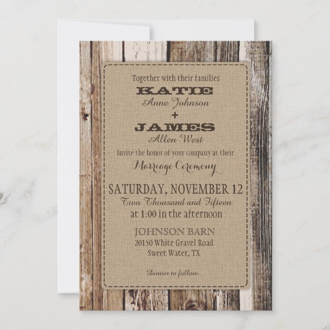 Country Barn Wood Rustic Wedding Einladungskarte (Vorderseite)