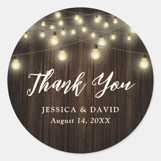 Country Barn Wood String Lights Hochzeit Vielen Da Runder Aufkleber (Vorderseite)