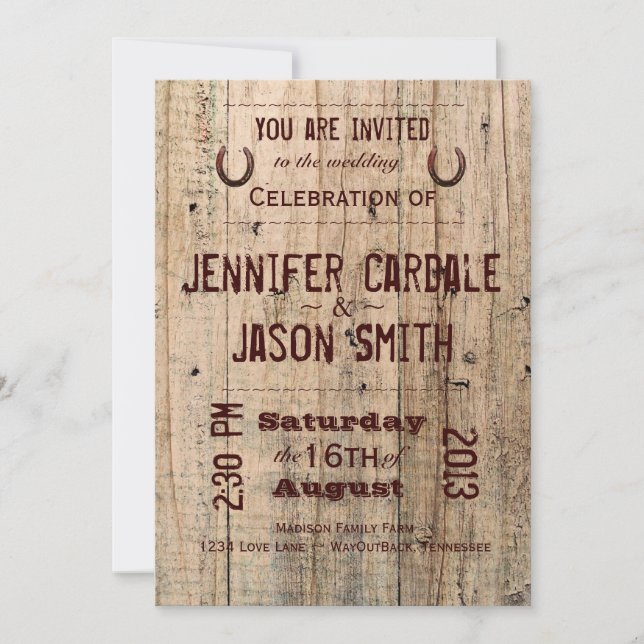 Country Barn Wood Typografy Hochzeit Einladungen (Vorderseite)