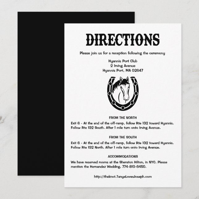 Country Black Wedding Directions Horse Horseshoe Einladung (Vorne/Hinten)