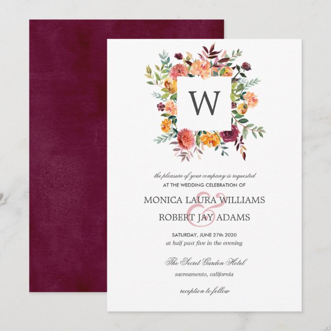 Country Bloom Autum Colors Floral Monogram Hochzei Einladung (Vorne/Hinten)