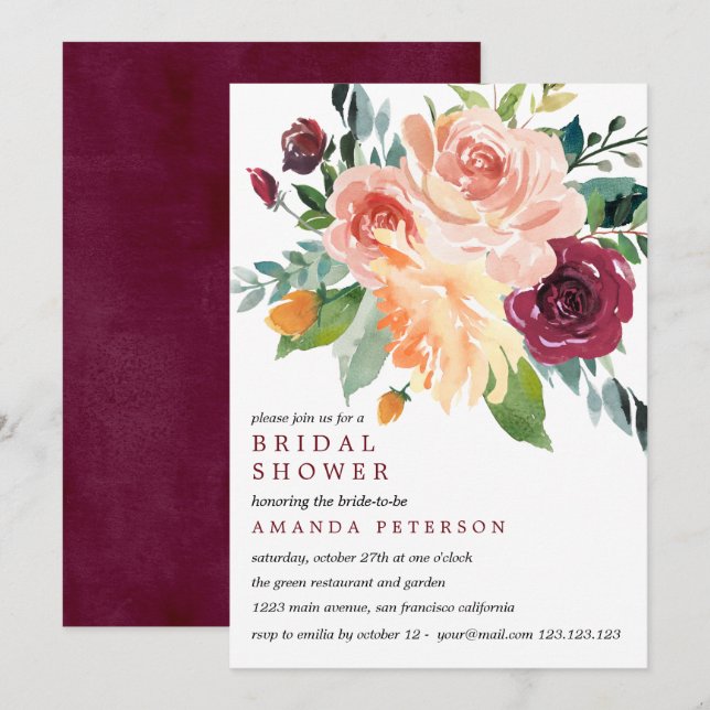 Country Bloom Bride Bouquet Burgundy Brautparty Einladung (Vorne/Hinten)