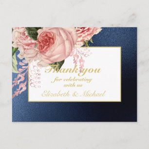 Country Blue Blush Pink Roses Navy Gold DANK Postkarte