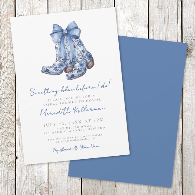 Country Blue Bow Cowboy Brautparty Einladung (Country Blue Bow Cowboy Boots Bridal Shower Invitation)