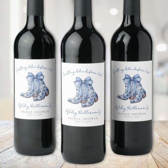 Country Blue Bow Cowboy Brautparty Weinetikett (Country Blue Bow Cowboy Bridal Shower Wine Label )