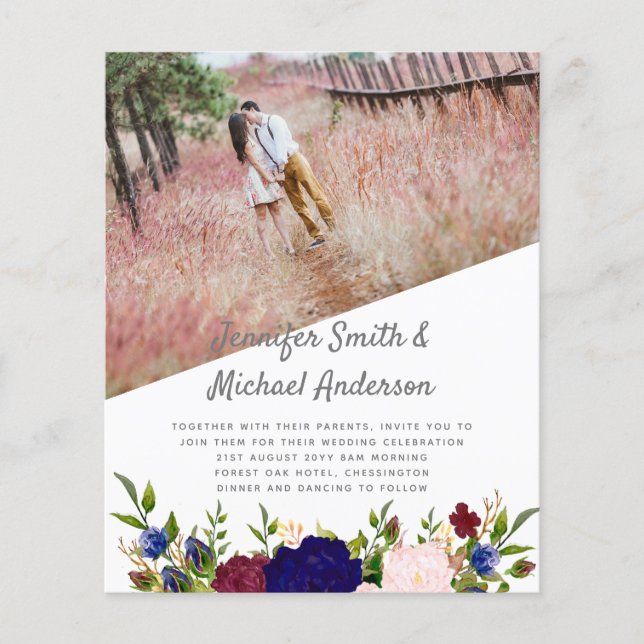 Country Blue Burgundy Pink Floral Wedings Einladun (Vorderseite)