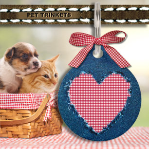Country Blue Denim Red Gingham Heart Dog Cat Haustiermarke