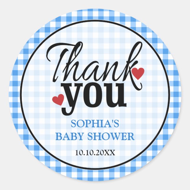 Country Blue Gingham Baby Dusche Danke Runder Aufkleber (Vorderseite)
